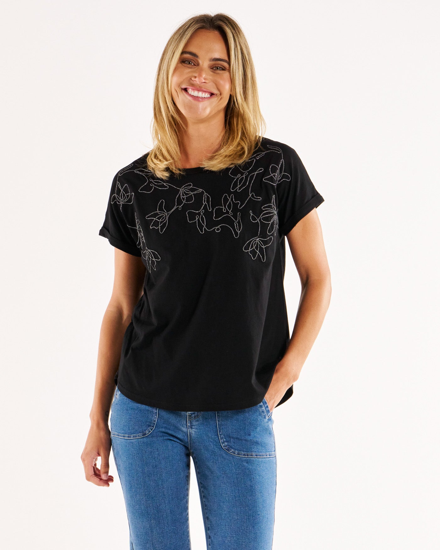 Hailey Short Sleeve Tee - Black Embellished