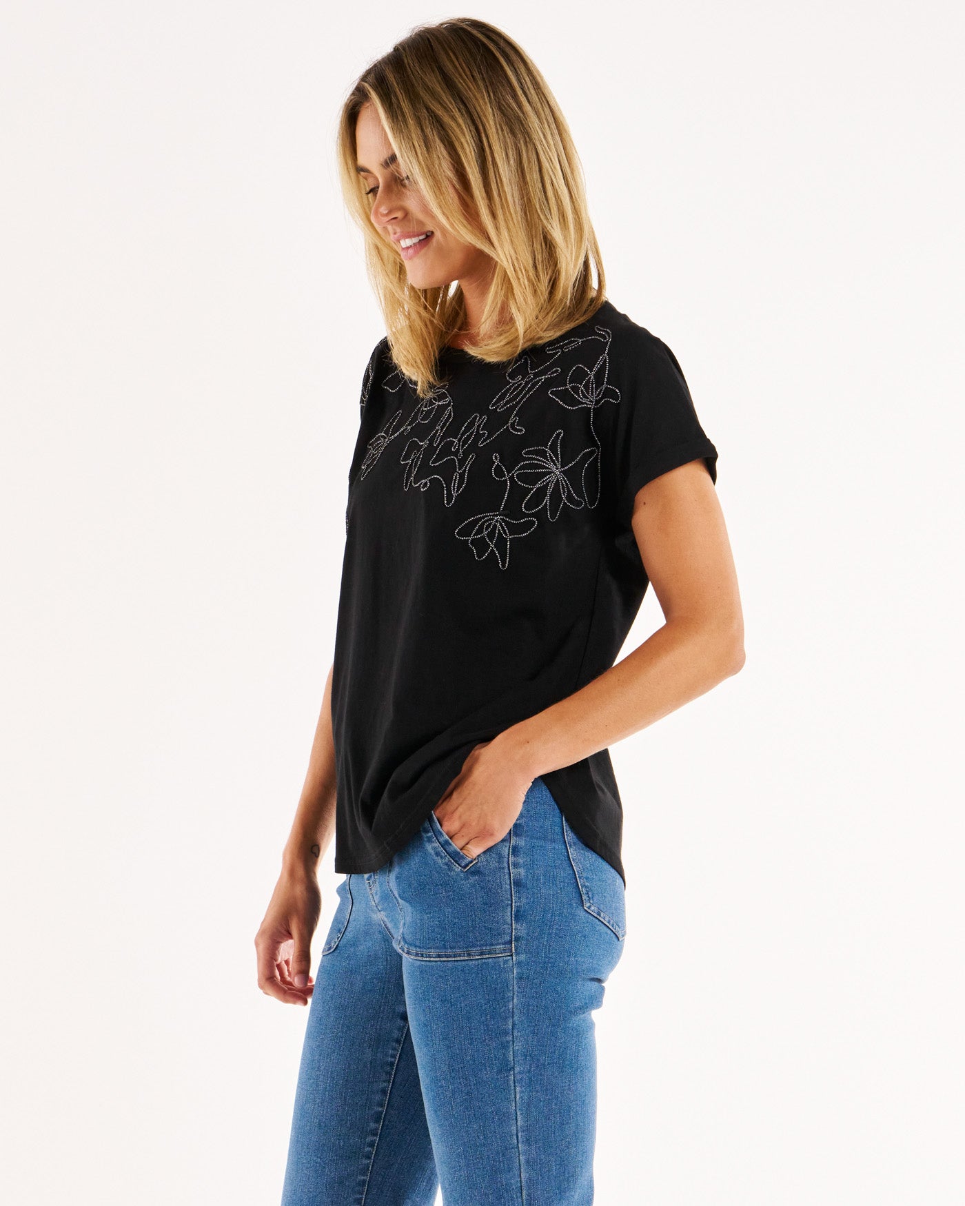 Hailey Short Sleeve Tee - Black Embellished