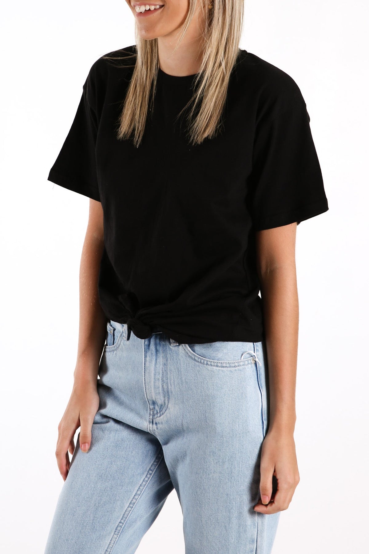 Silent Theory Downtown tie tee in black, front view