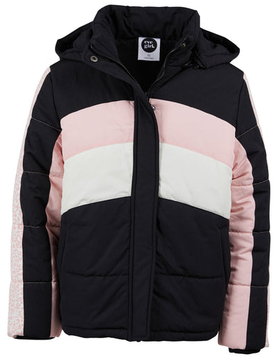 Eve Girl Base Panelled Puffer - Black / Pink Leopard - Teens