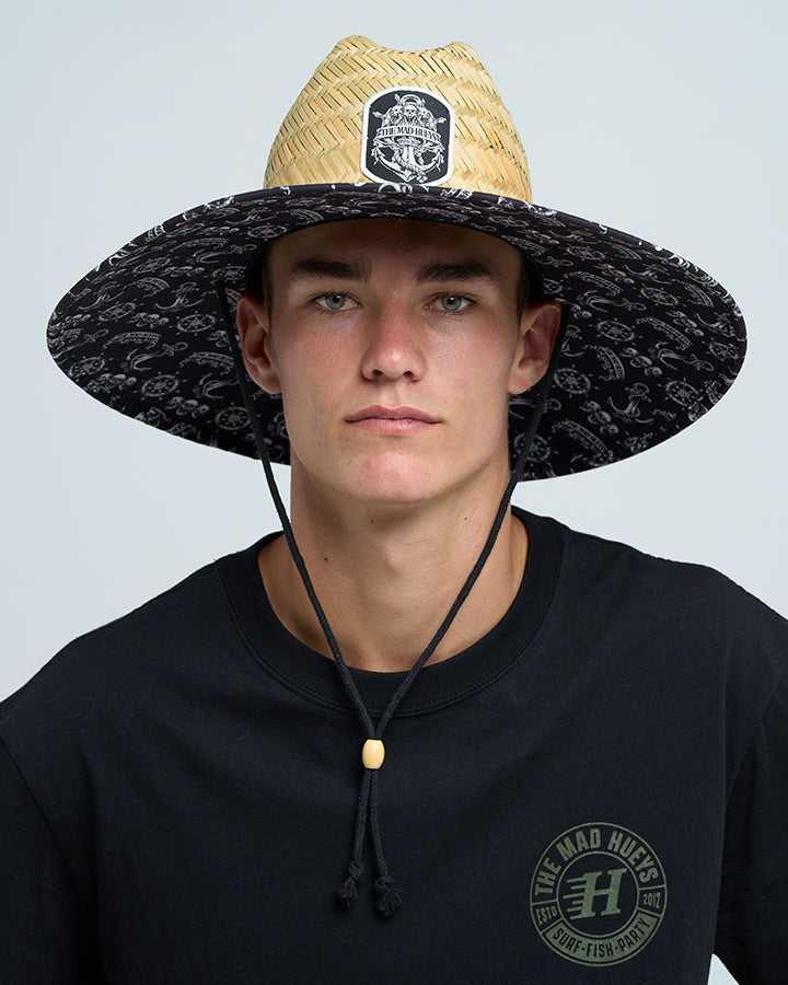 The Mad Hueys Triple Anchor Straw Hat Natural - on head side view