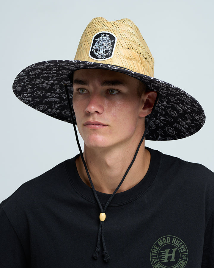 The Mad Hueys Triple Anchor Straw Hat Natural - on head