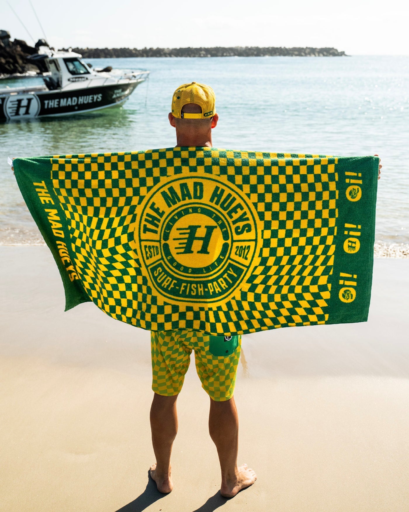 The Mad Hueys Oi Oi Oi Beach Towel Aussie Green - flat lay