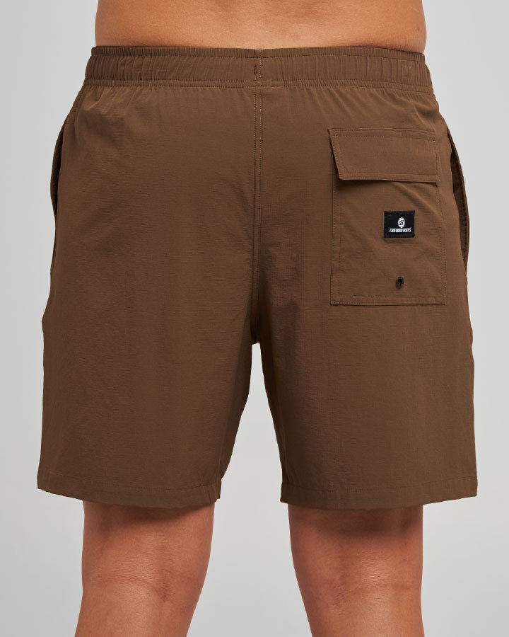 The Mad Hueys Freestyle 18 inch Swim Volley Short in walnut - front
