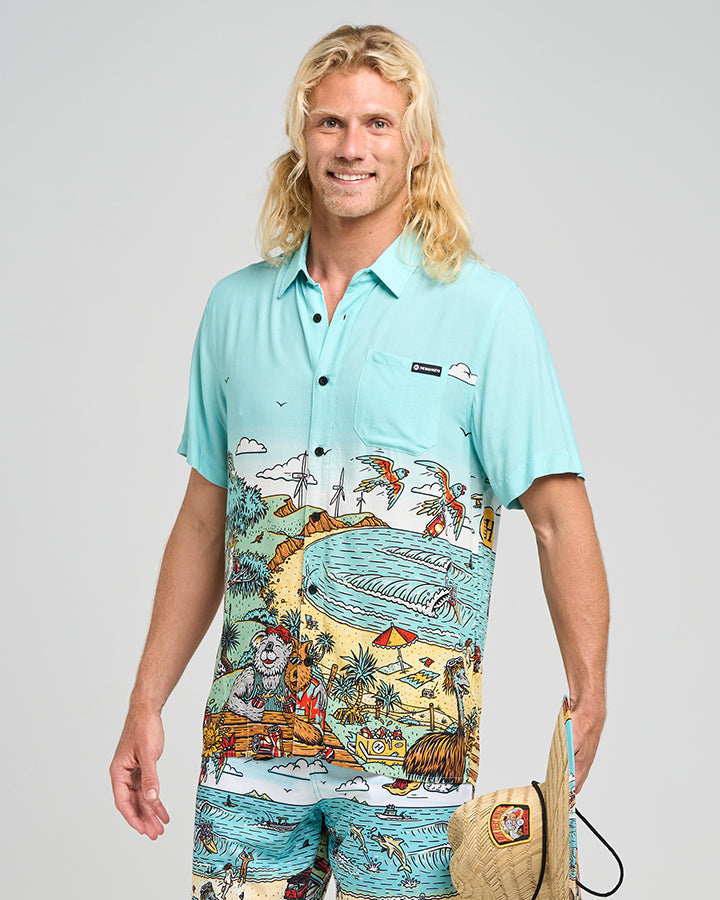 The Mad Hueys Oz Straya Short Sleeve Woven Shirt - Aqua