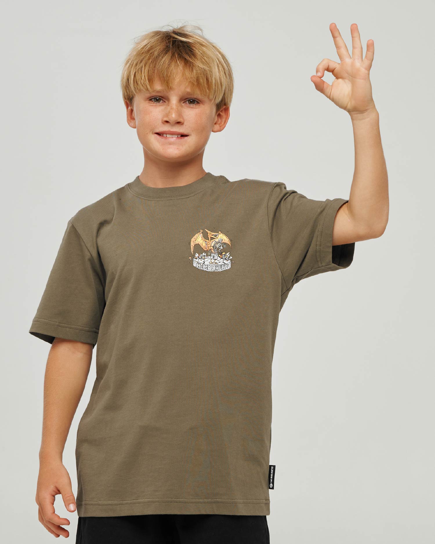 The Mad Hueys Terodactyl Youth Short Sleeve Tee in olive