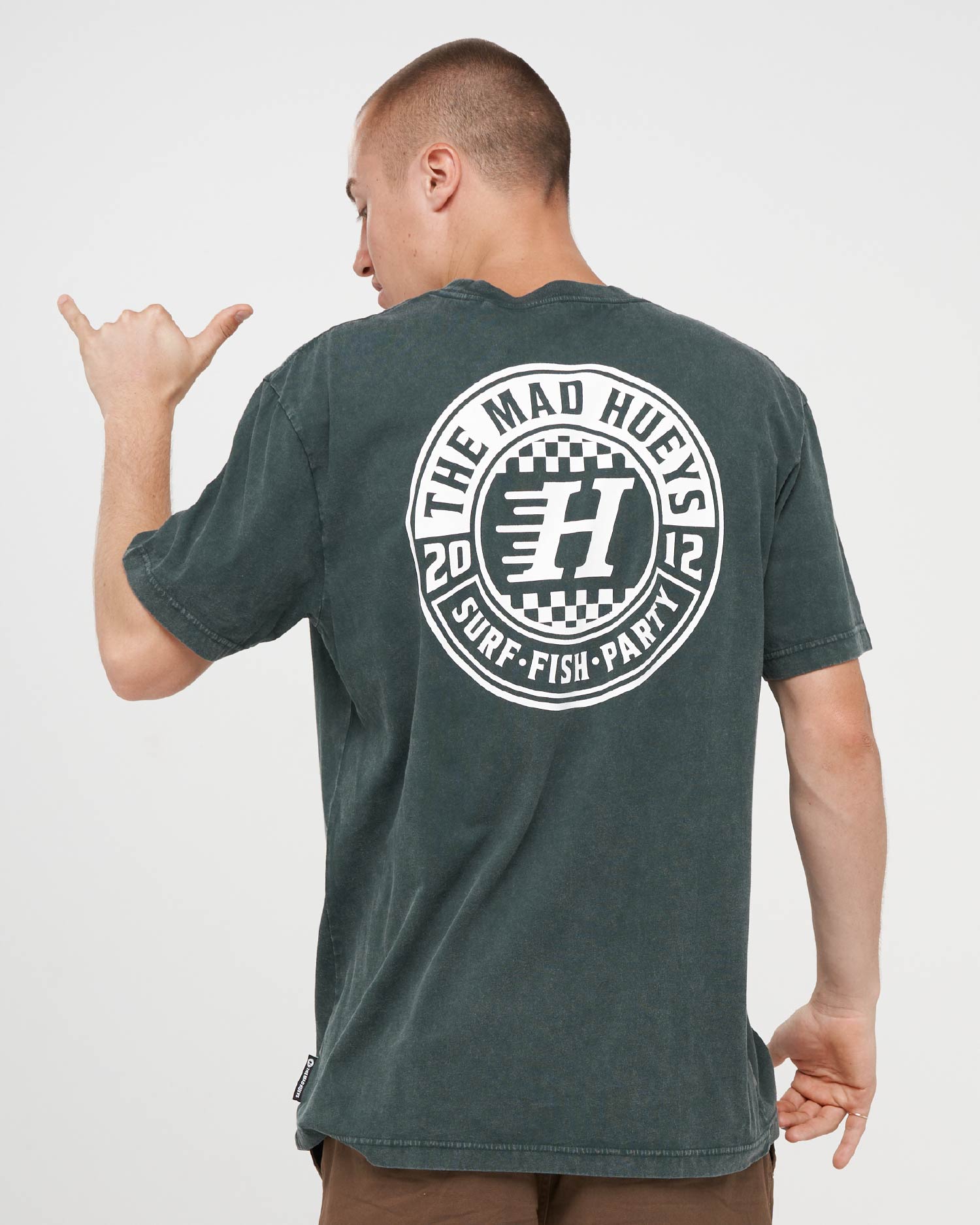 Mad Hueys Checker Hueys SS Tee in pine green washed - front