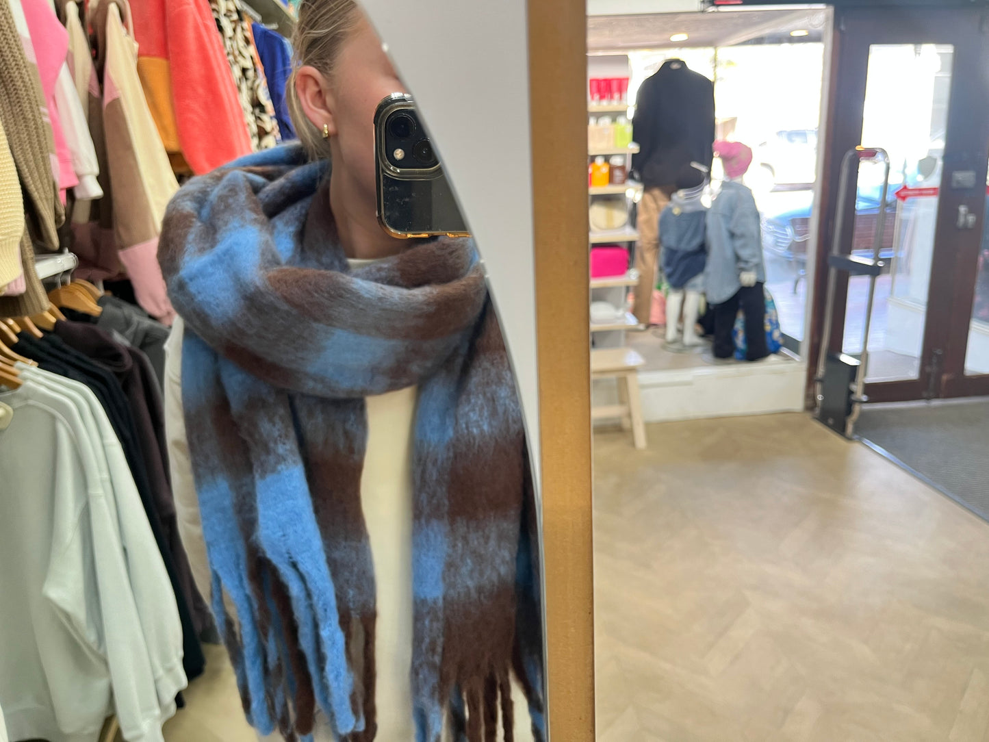 Tassel Scarf - Choc / Sky Blue Check