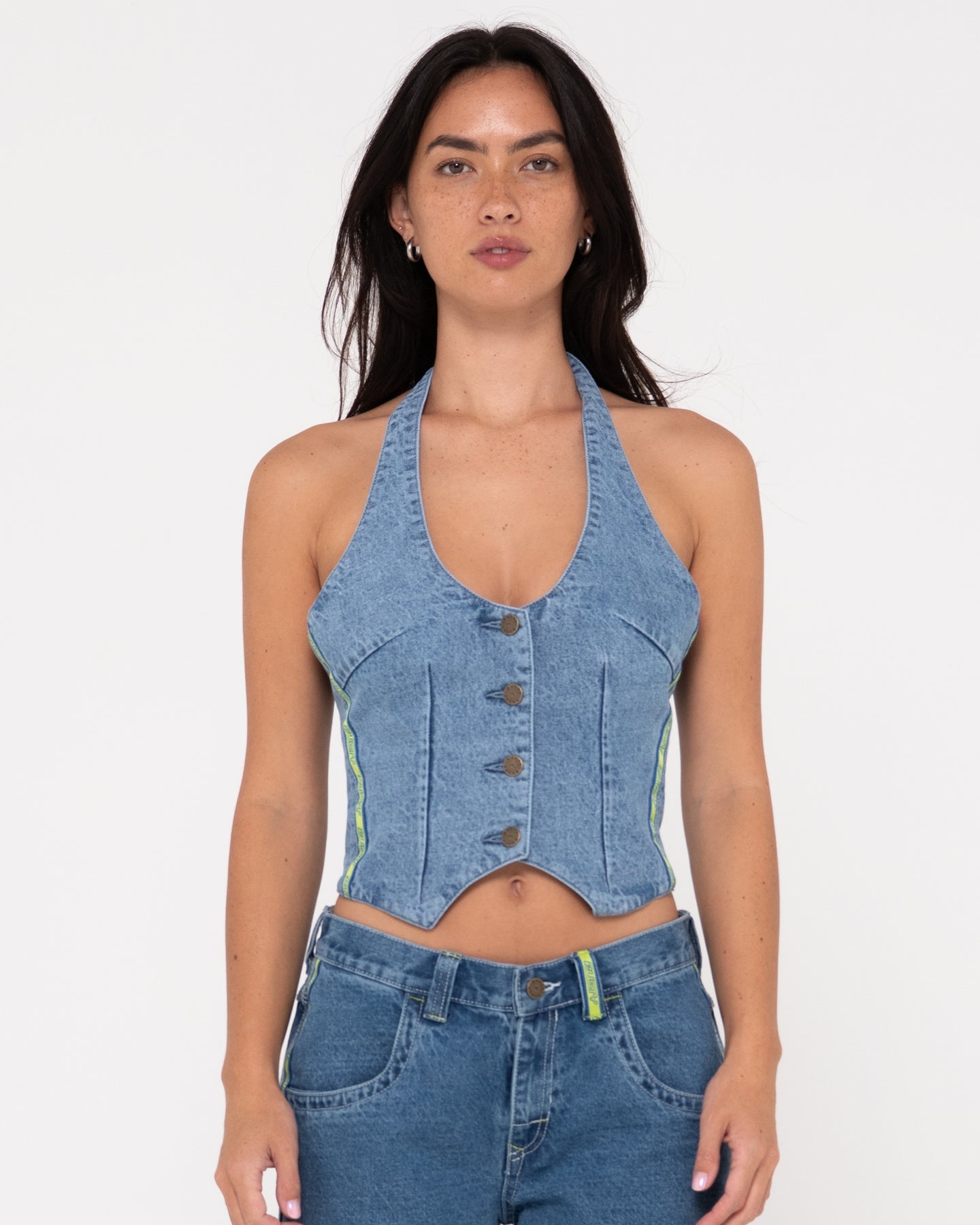 Rusty Flip Mommy Halter Neck Denim Vest - Middy Blue / Lime