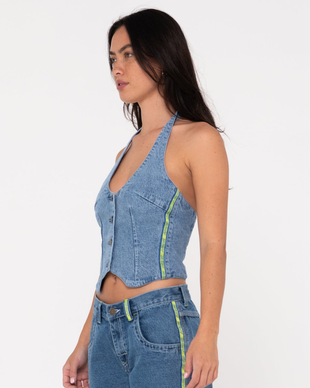 Rusty Flip Mommy Halter Neck Denim Vest - Middy Blue / Lime (view 7)