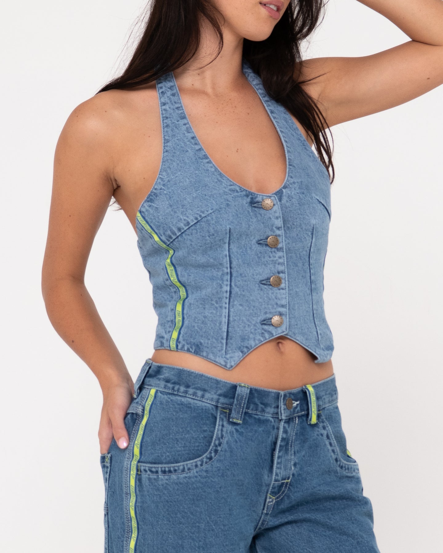 Rusty Flip Mommy Halter Neck Denim Vest - Middy Blue / Lime (view 2)