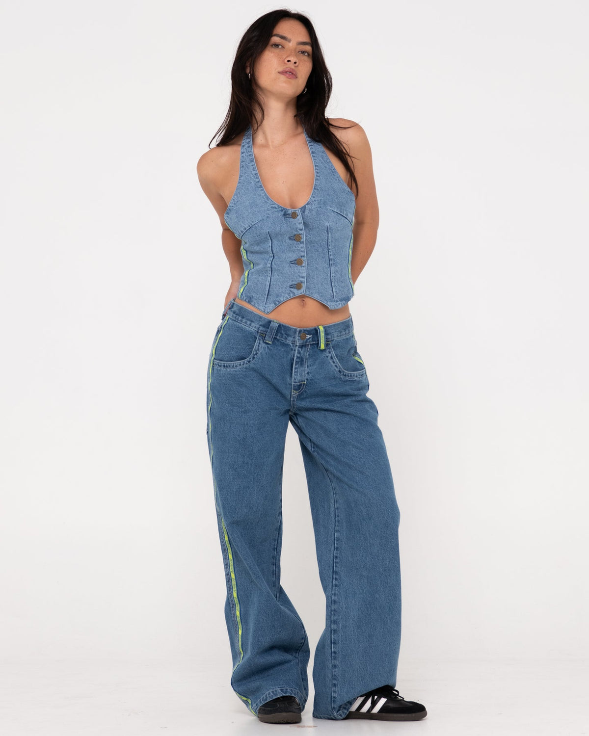 Rusty Flip Mommy Halter Neck Denim Vest - Middy Blue / Lime (view 4)