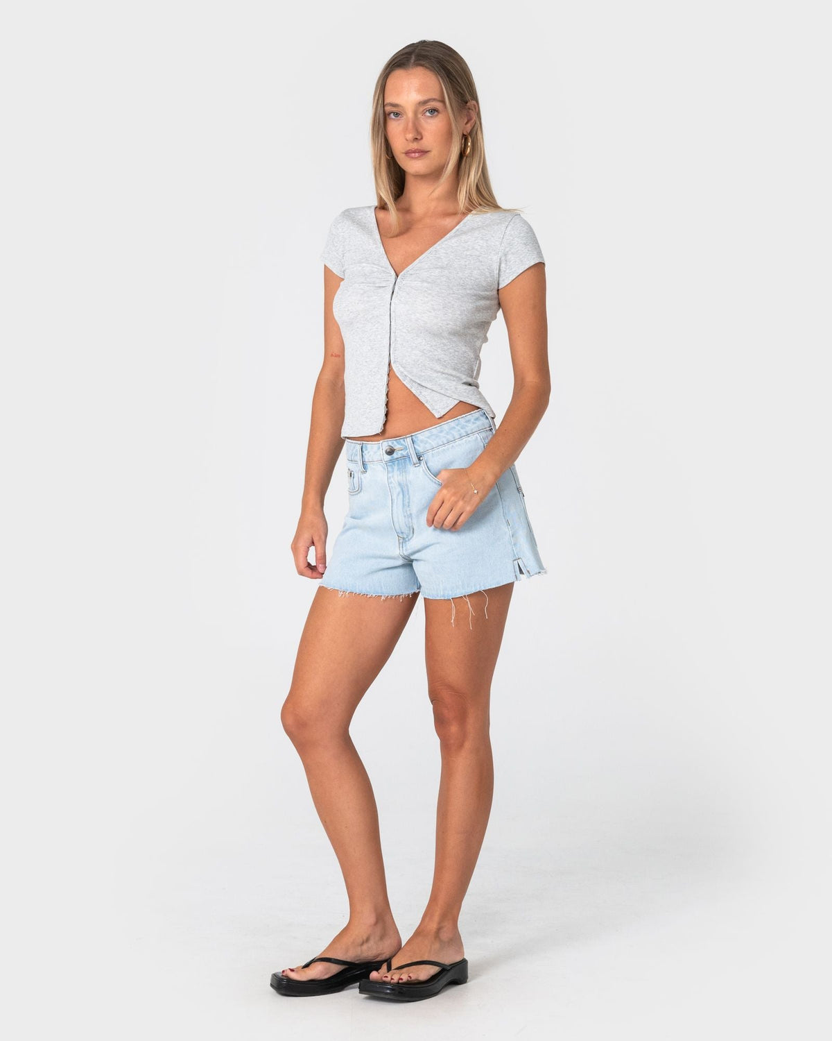Rusty Penny Kick Flare Denim Short in sky blue heather