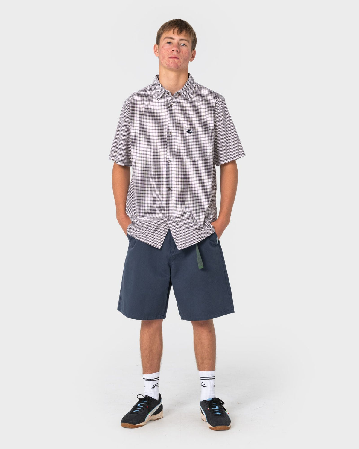 Rusty Datsun Check Short Sleeve Shirt in navy blue