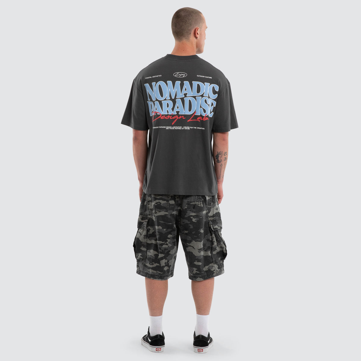 Nomadic Enjoy street tee in asphalt, styled view
