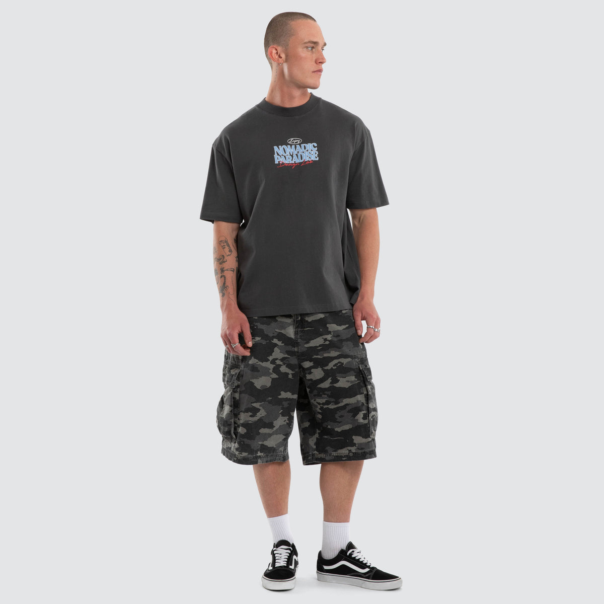 Nomadic Enjoy street tee in asphalt, front view