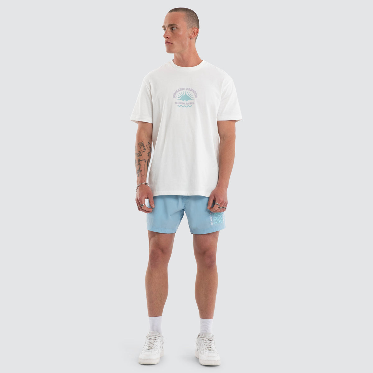 Nomadic Paradise Coral Swim Short in Baby Blue - detail