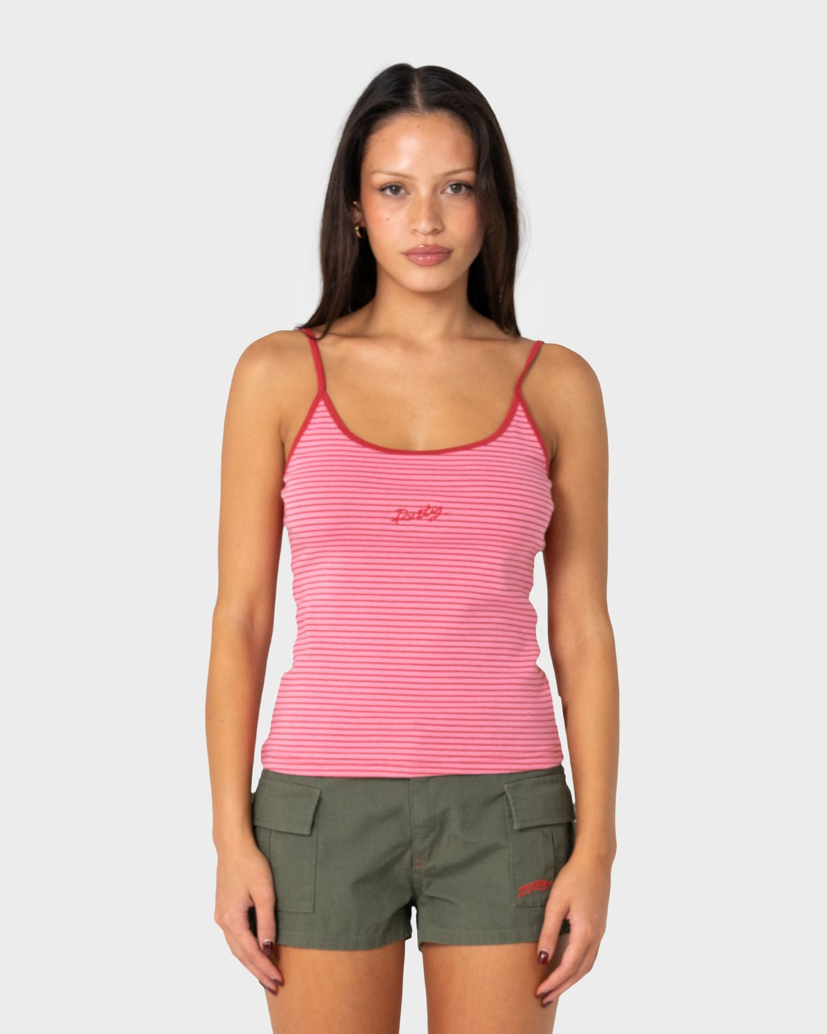 Rusty Candy Cami Singlet pink and red stripe front view