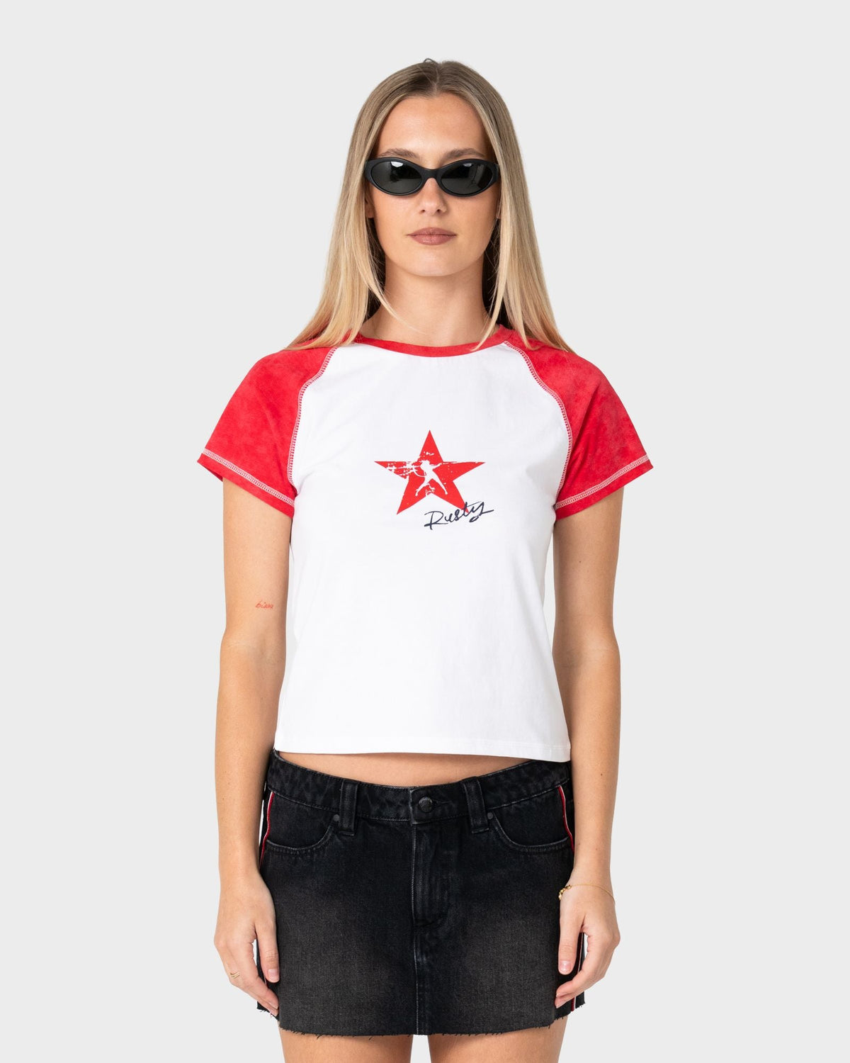 Rusty Starred Devil Raglan Baby Tee in white and red