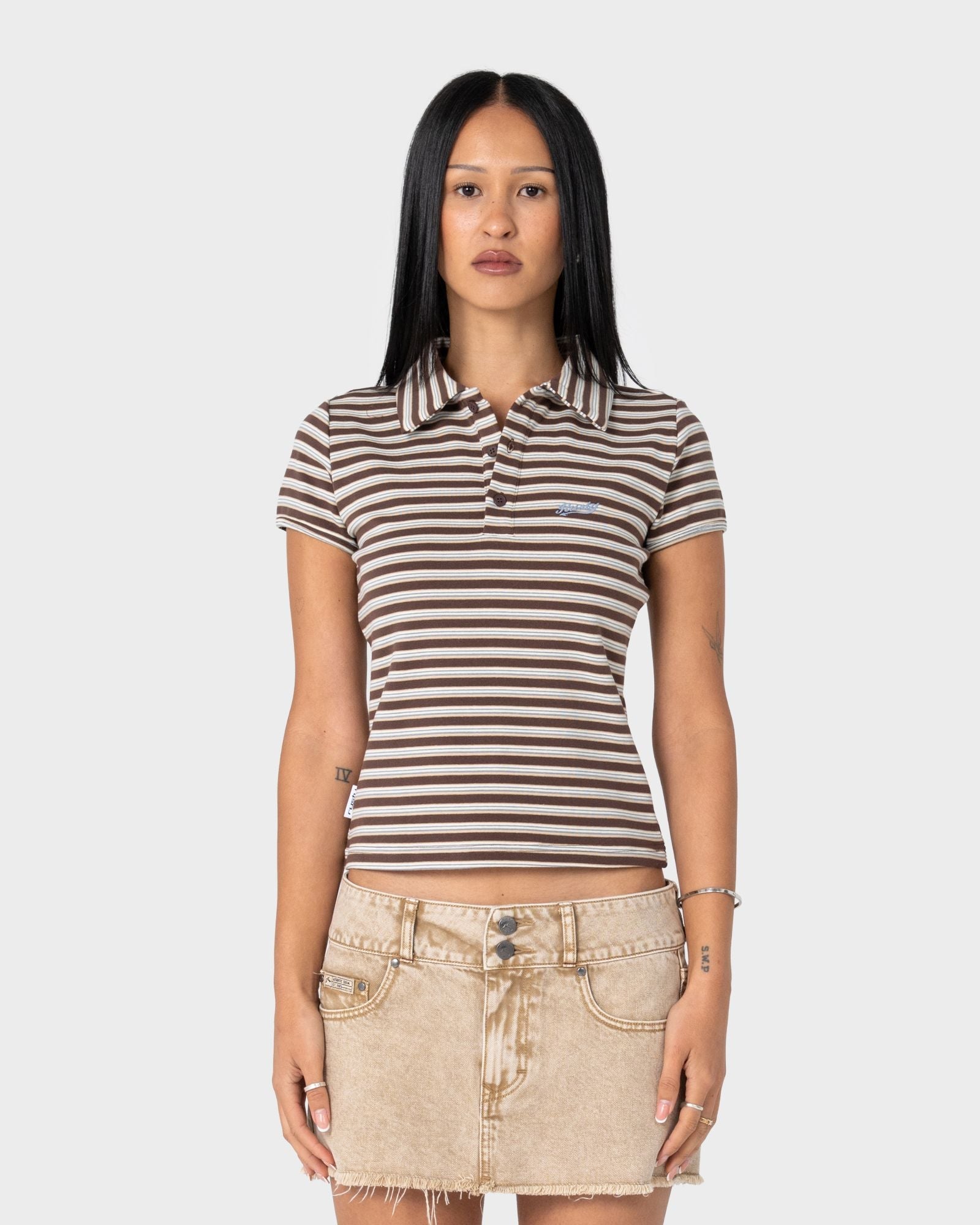 Peta Stripe Polo Baby Tee - Brown / Cream Stripe