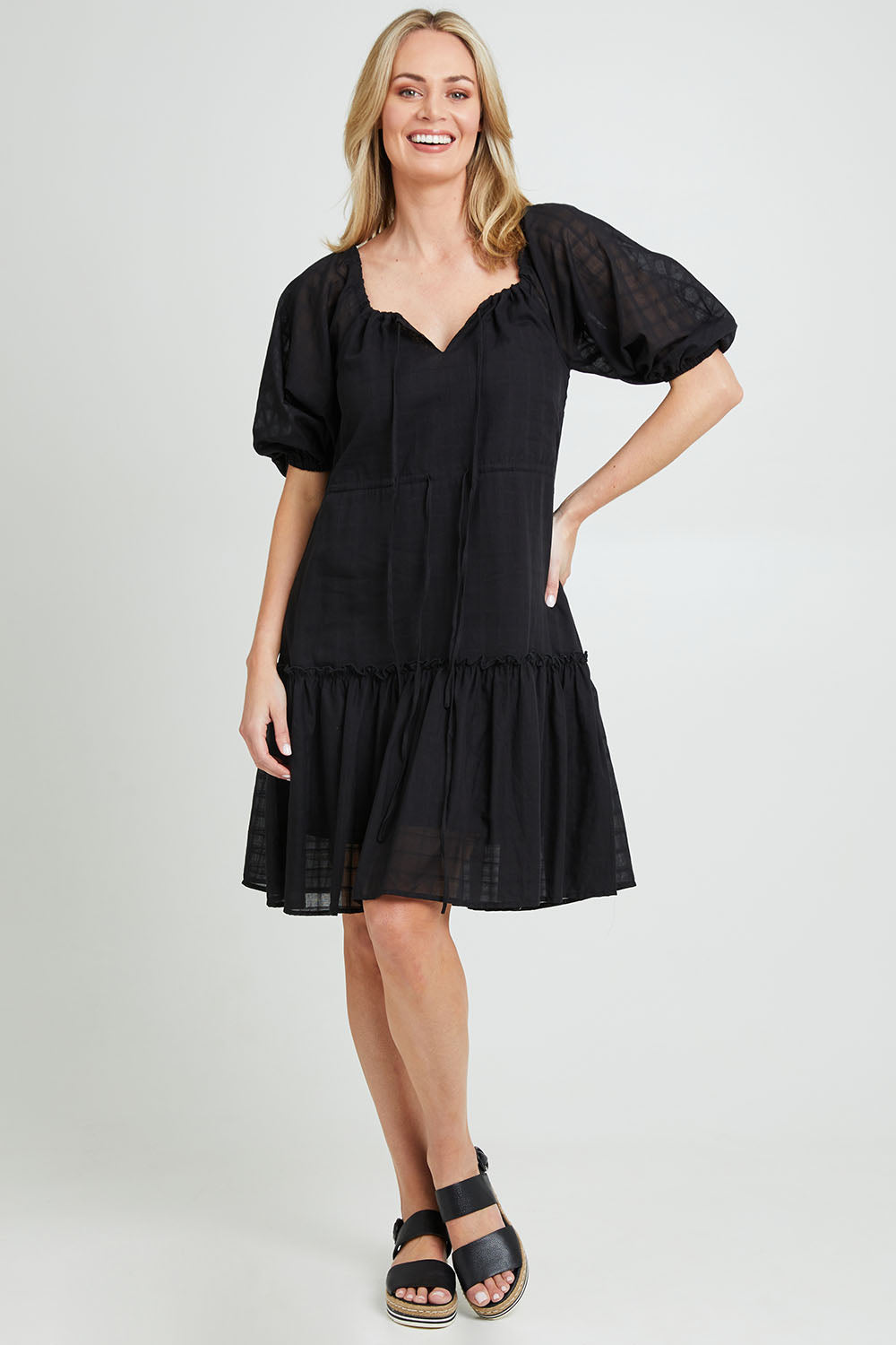 SASS Ruby Tiered Midi Dress in black - full length