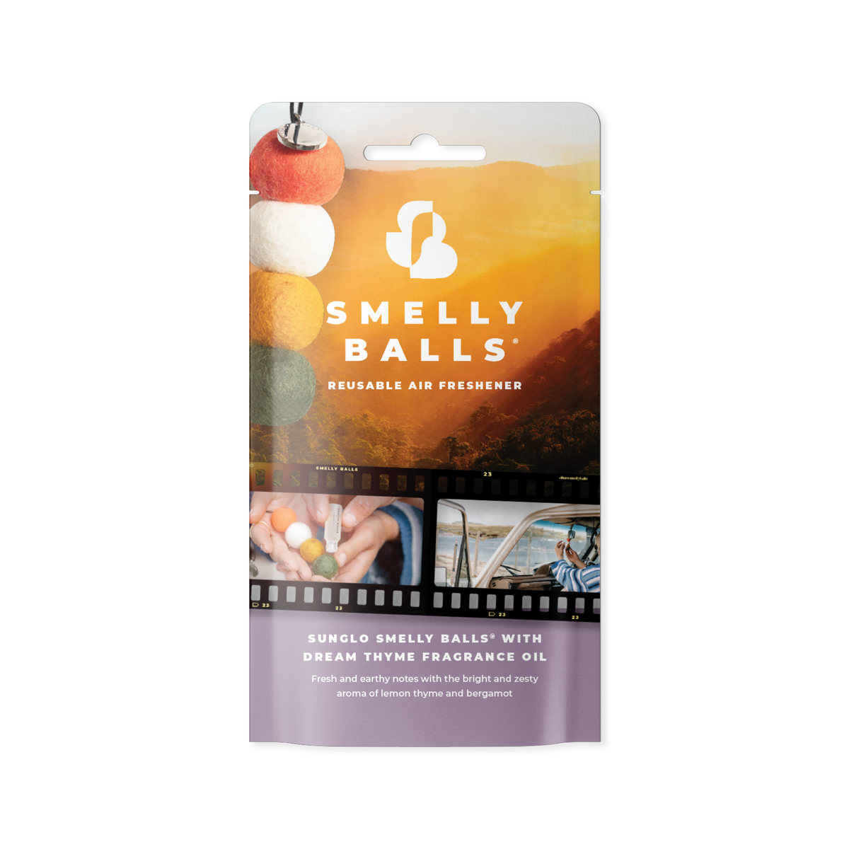 Smelly Balls Sunglo Grab Pack packaging with Dream Thyme fragrance oil