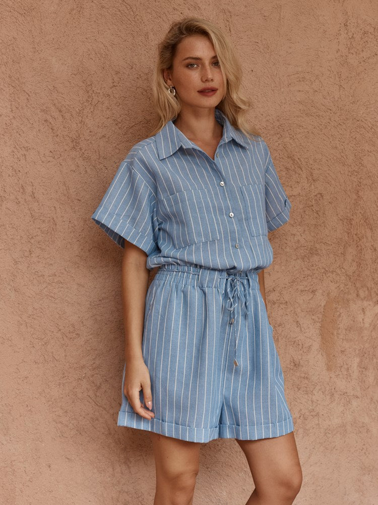 SASS Trines Stripe Resort Playsuit in blue and white stripe, front view
