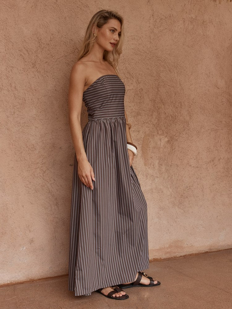 Sass Everley Strapless Dress in Choc Stripe - detail