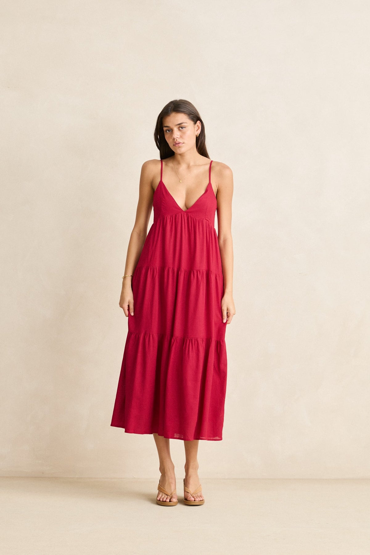 Rhythm Classic Tiered Midi Dress - Sangria (view 3)