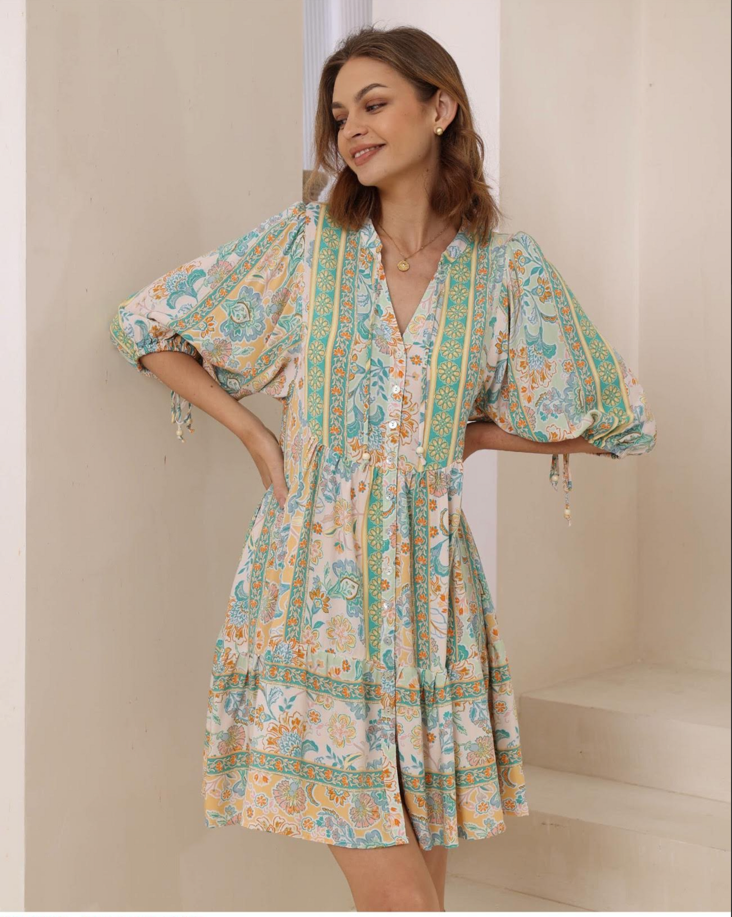 Clara Babydoll Dress - Jade Aztec Floral