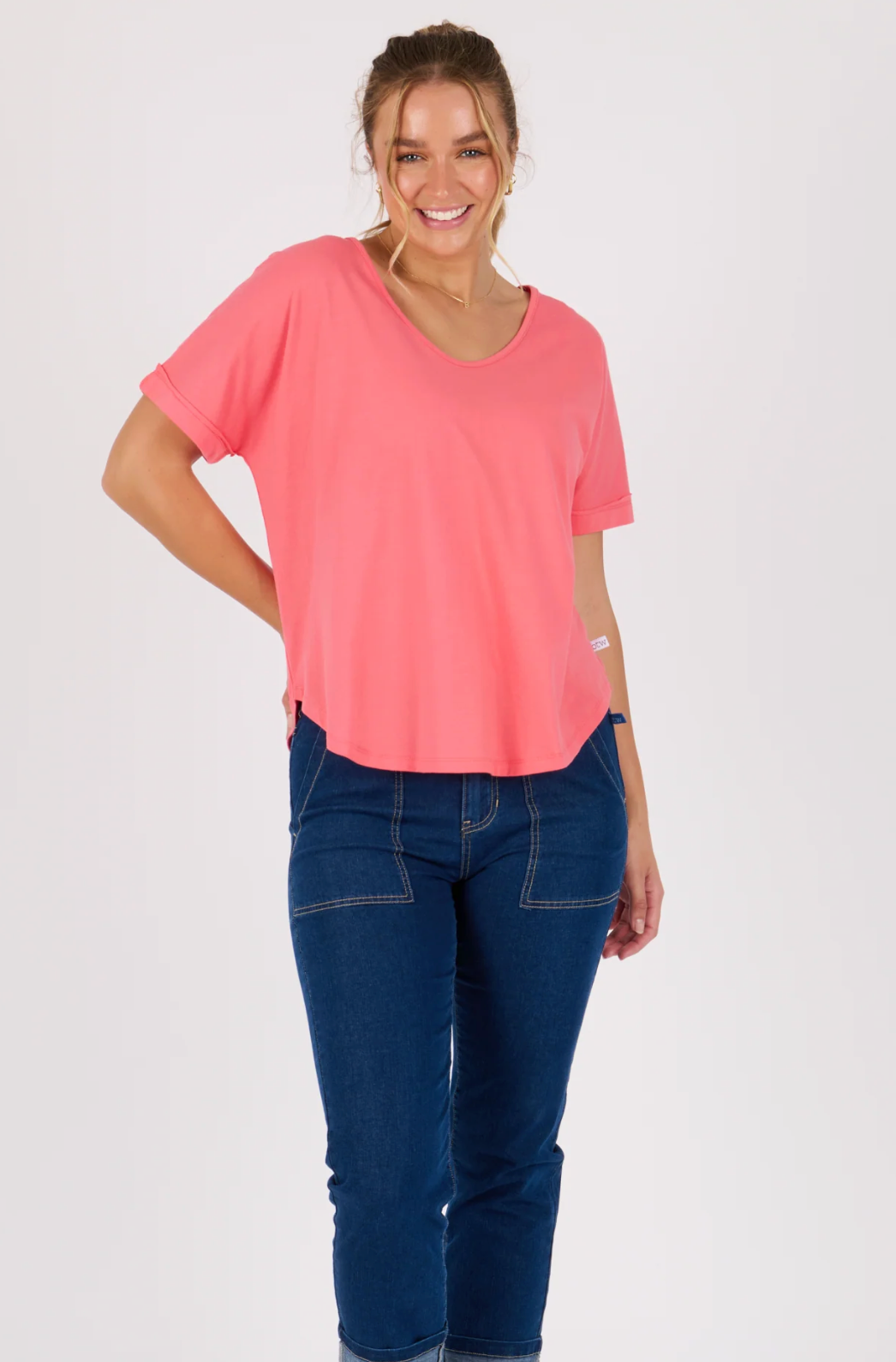 V-Neck Curve Hem Tee - Sunkist Coral