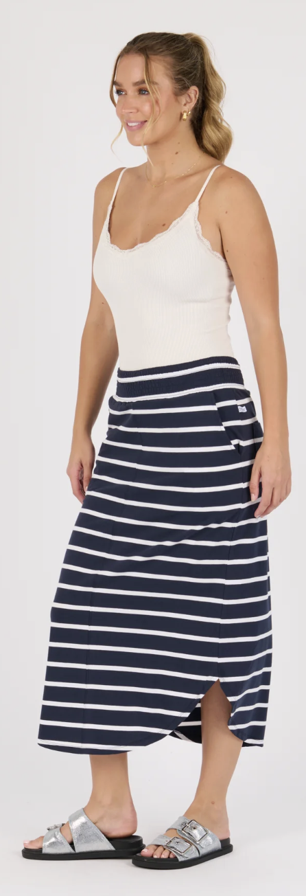 One Ten Willow Scoop Hem Midi Skirt - Navy / White Stripe (view 4)