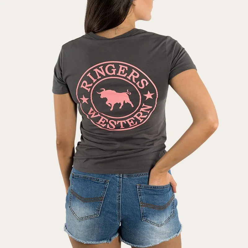 Ringers Western Signature Bull Tee Vintage Black Strawberry Pink - front view