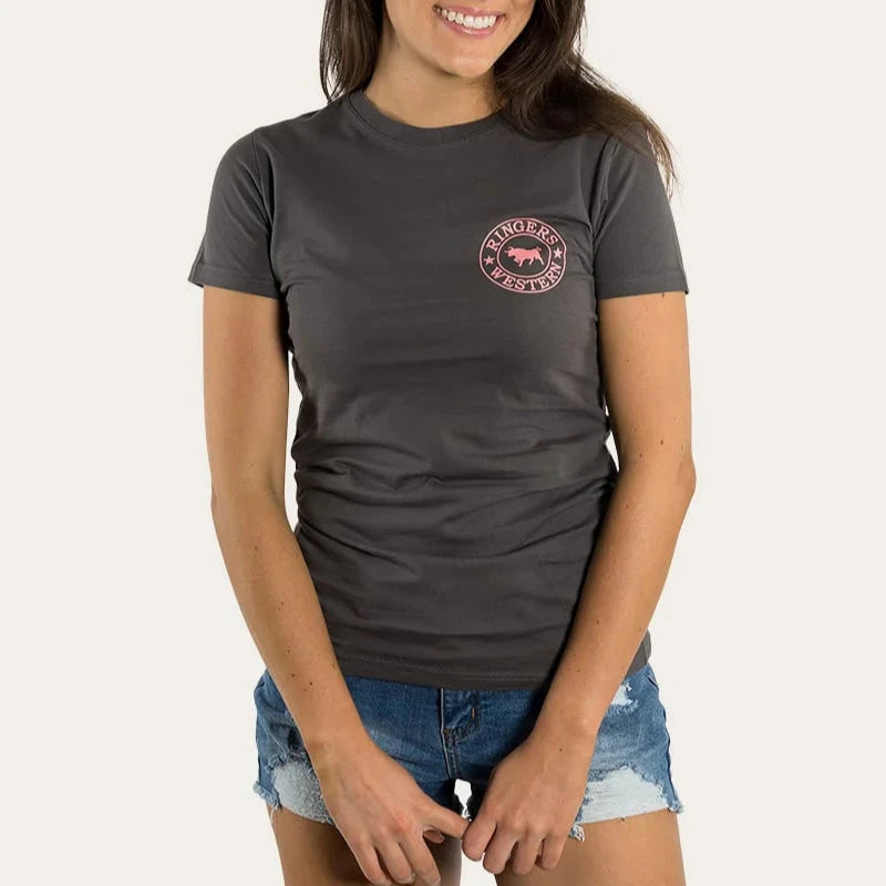 Ringers Western Signature Bull Tee Vintage Black Strawberry Pink - worn on model side view