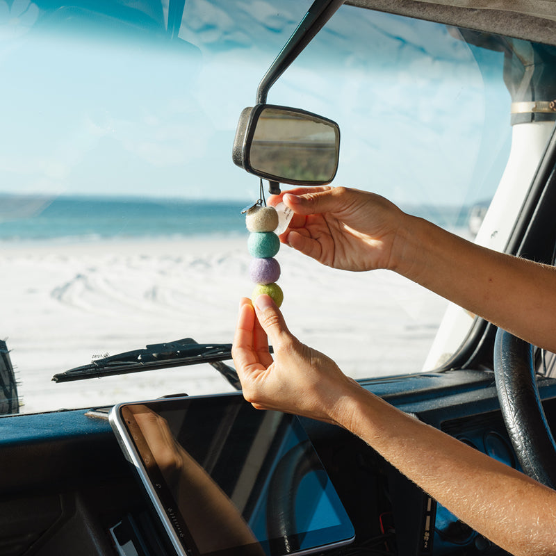 Smelly Balls Tropic hanging from a car rear-view mirror