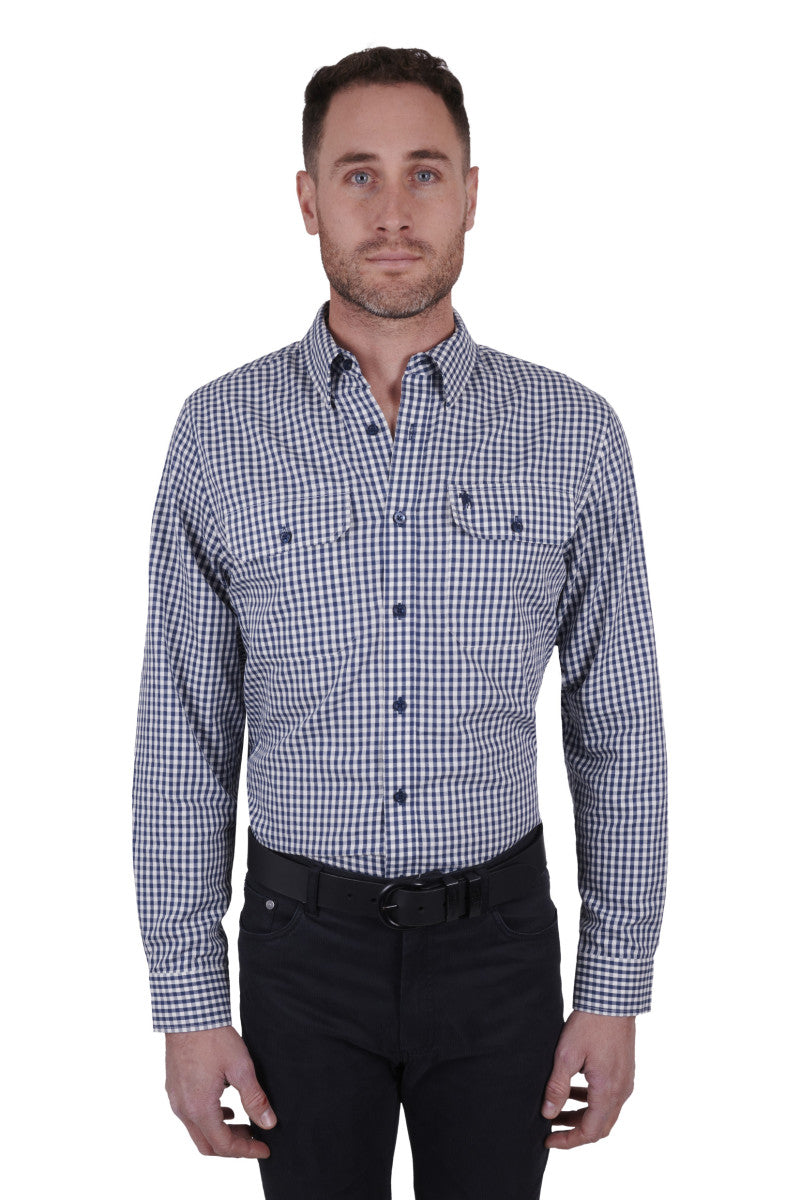 Gino Wool 2-Pocket LS Shirt - Navy / White