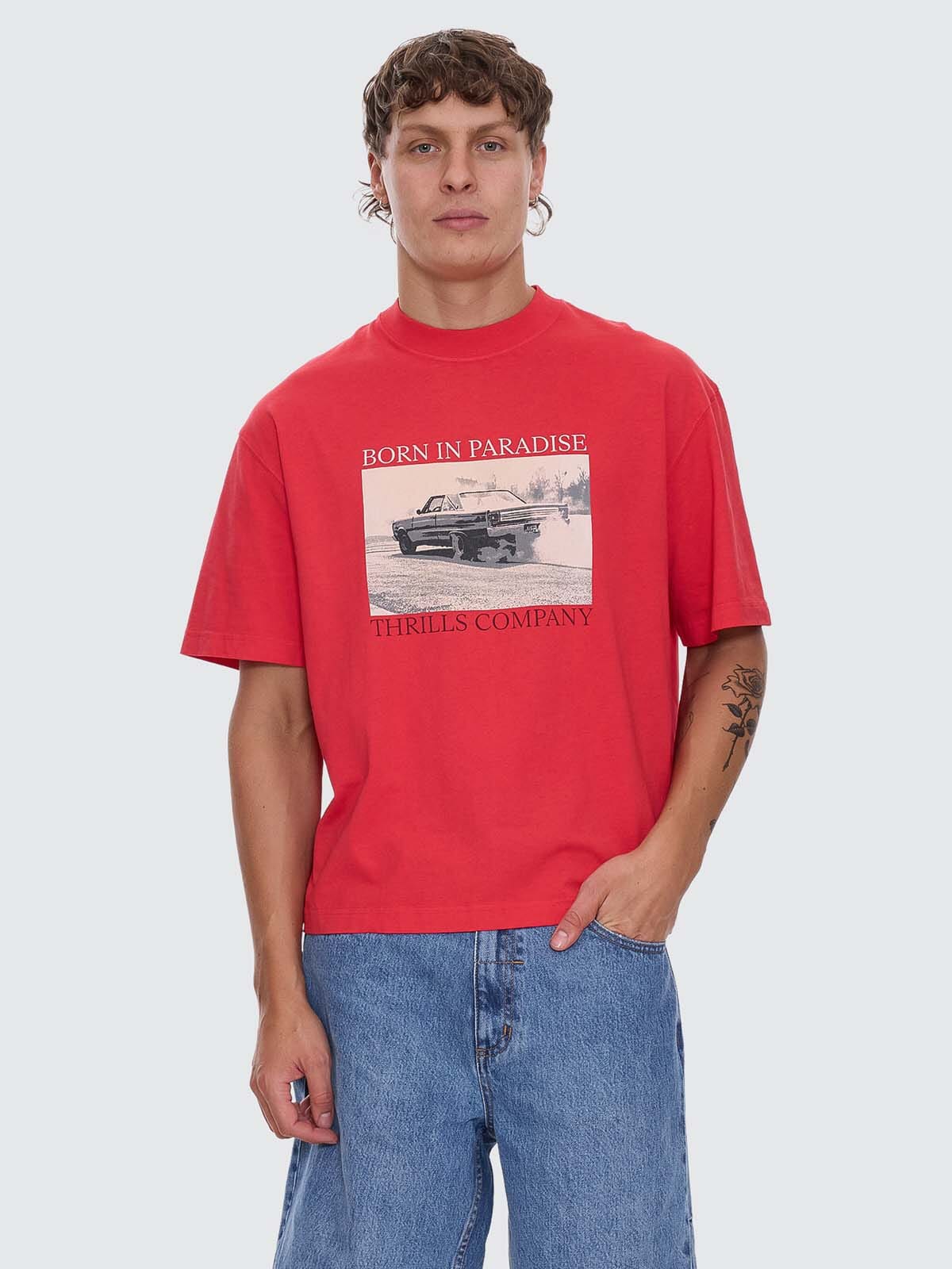 Thrills Metal and Dust Box Fit Oversize Cropped Tee - Flame Red
