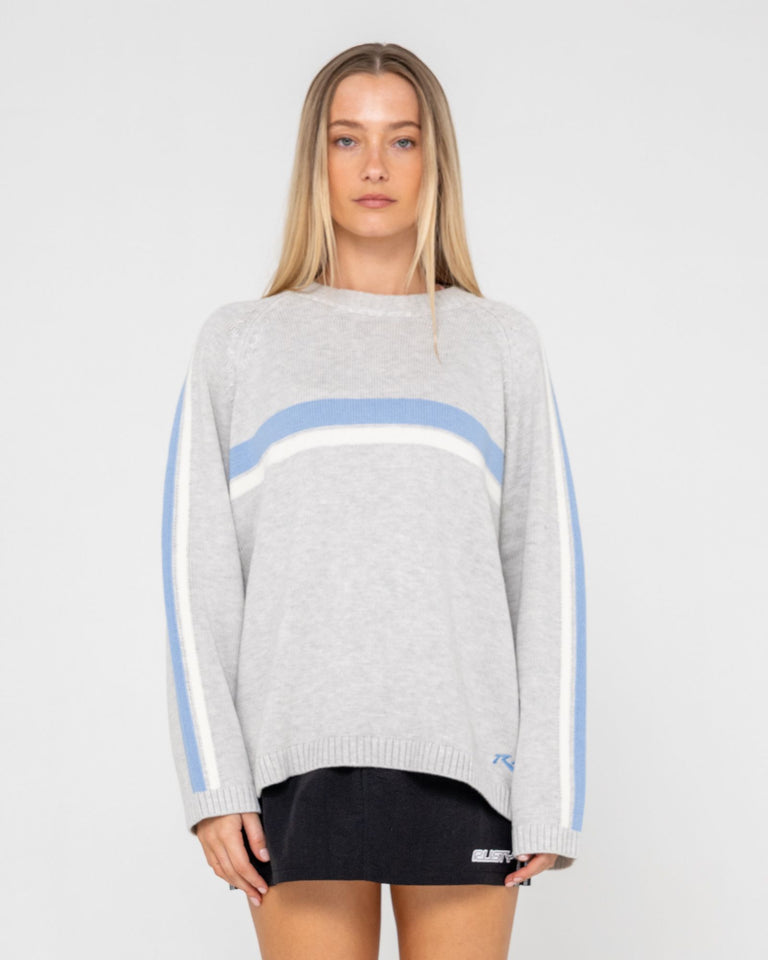 Rusty White Lines Long Sleeve Crew Neck Knit - Grey Marle / Blue (view 2)