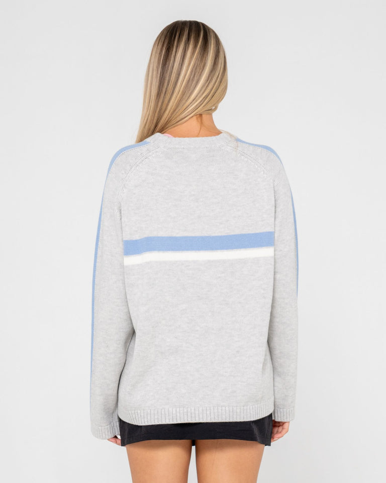 Rusty White Lines Long Sleeve Crew Neck Knit - Grey Marle / Blue (view 3)