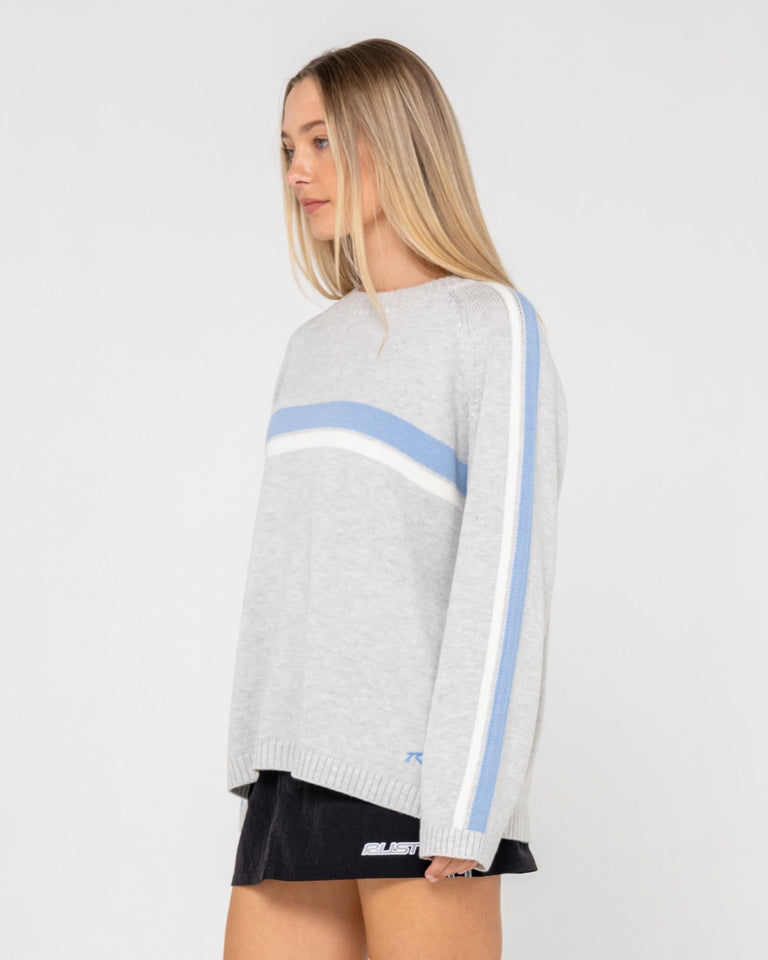 Rusty White Lines Long Sleeve Crew Neck Knit - Grey Marle / Blue (view 4)