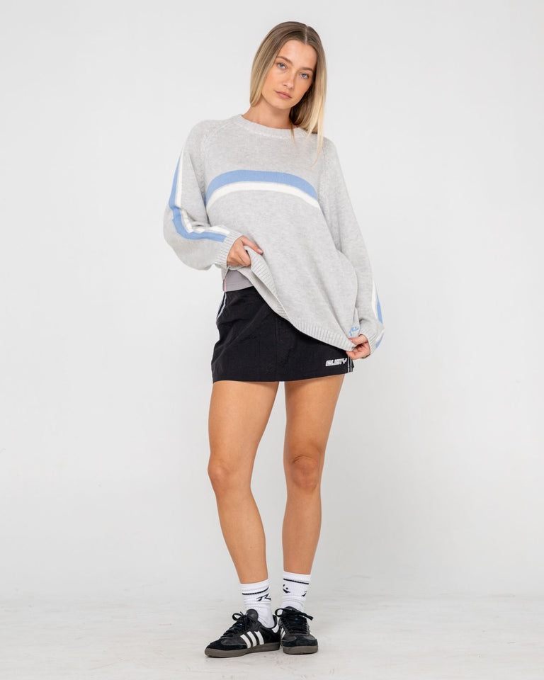 Rusty White Lines Long Sleeve Crew Neck Knit - Grey Marle / Blue