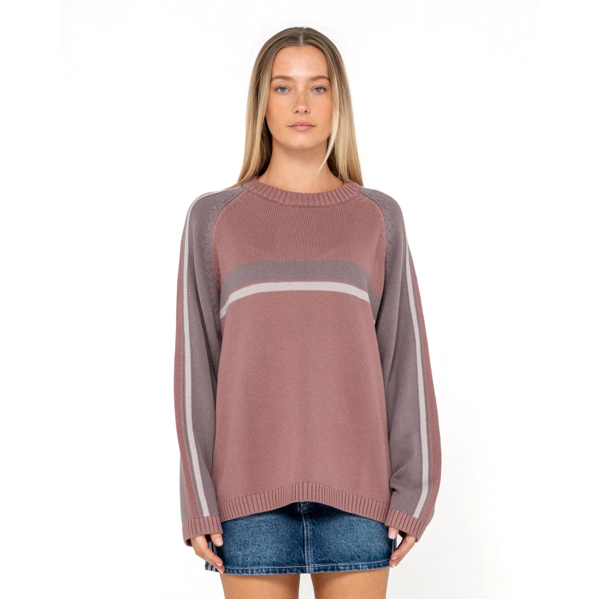 Rusty White Lines Two Long Sleeve Crew Neck Knit - Elderberry