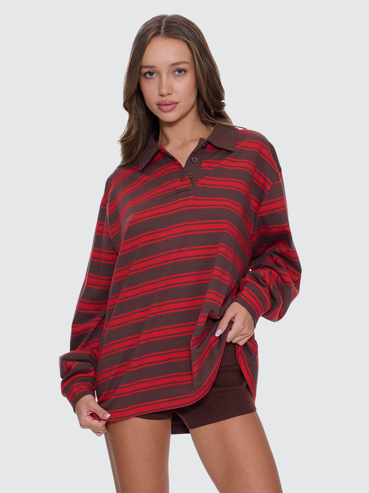 Thrills Conditions Apply Stripe Long Sleeve Polo - Bitter Chocolate