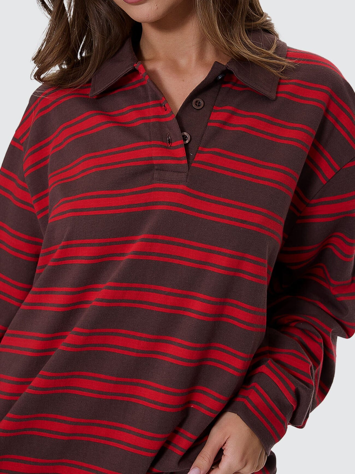 Thrills Conditions Apply Stripe Long Sleeve Polo - Bitter Chocolate (view 2)