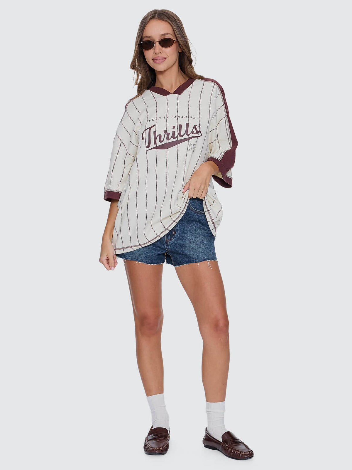 Thrills Baseline Stripe V-Neck Oversized Tee - Butter Cream
