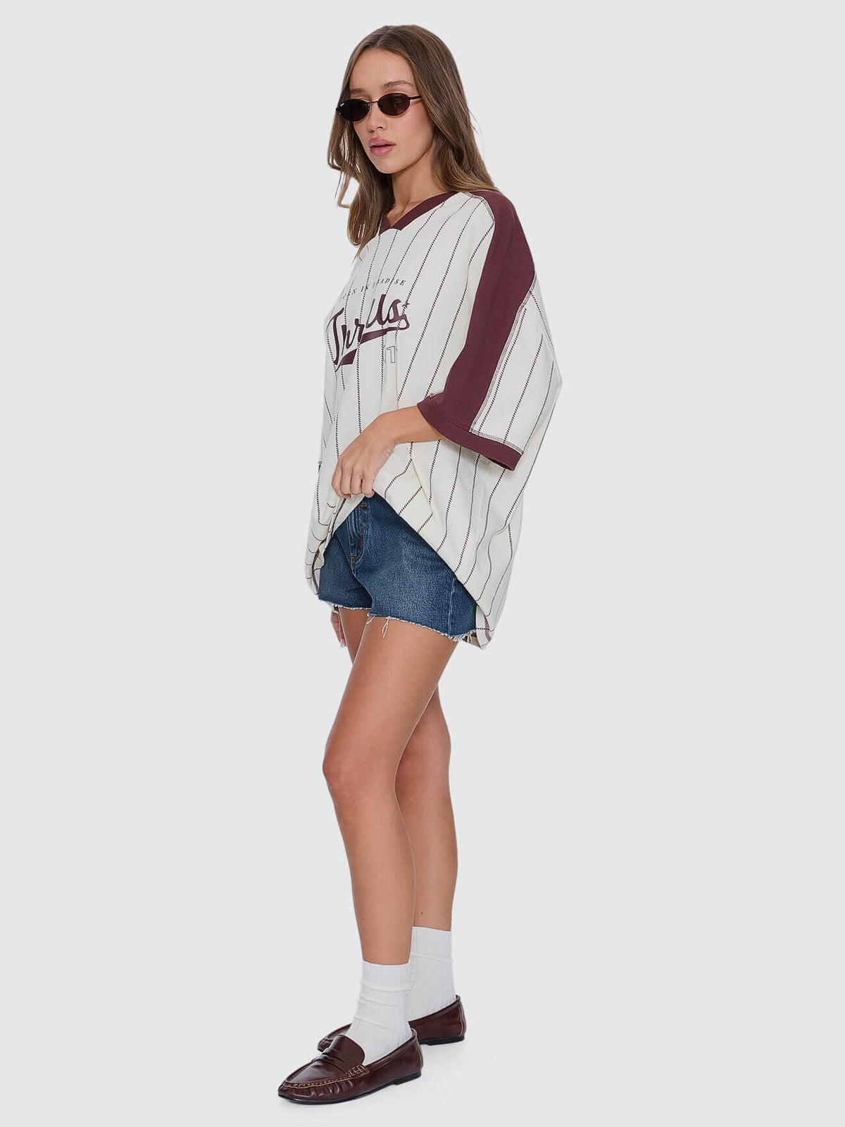 Thrills Baseline Stripe V-Neck Oversized Tee - Butter Cream (view 2)