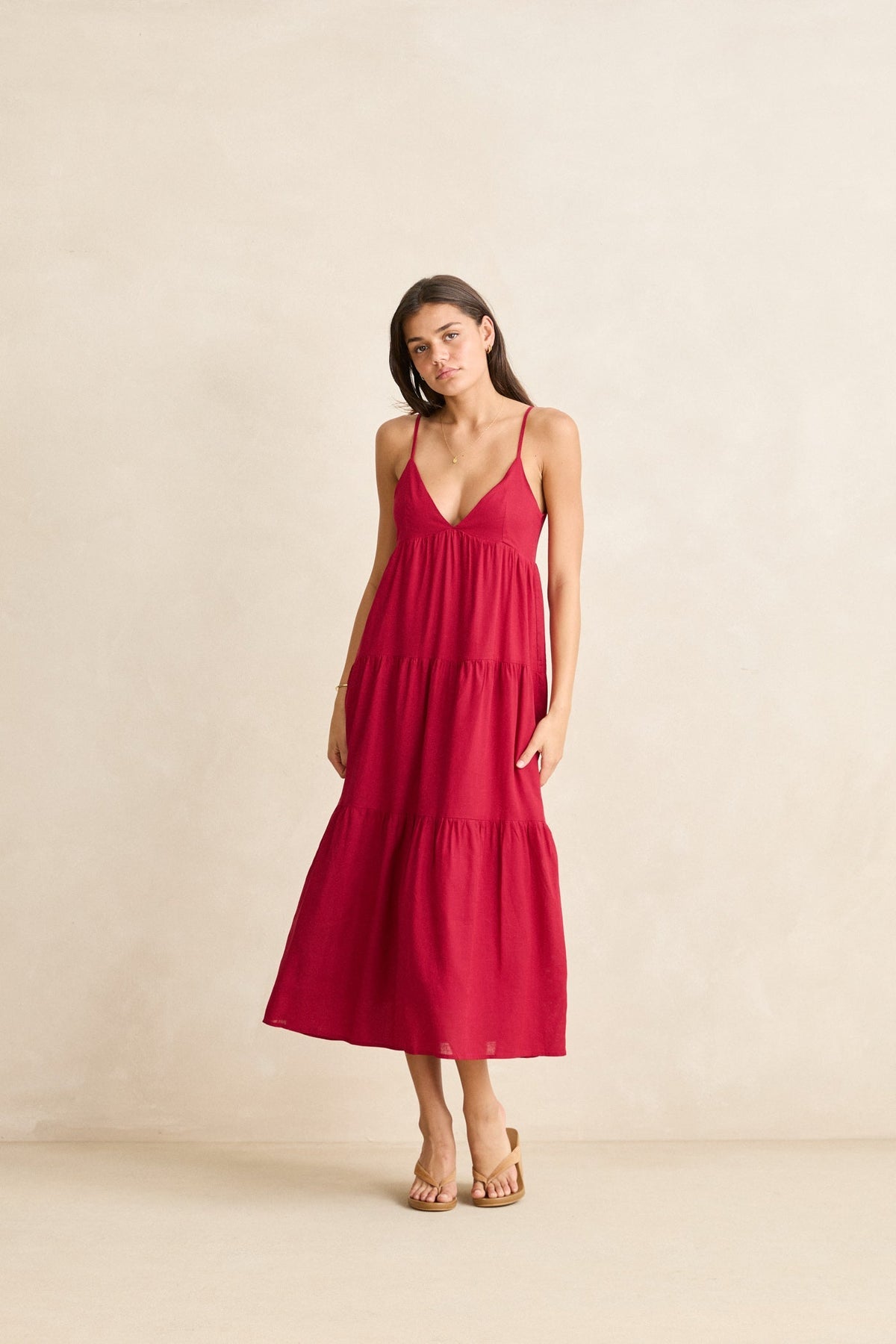 Rhythm Classic Tiered Midi Dress - Sangria