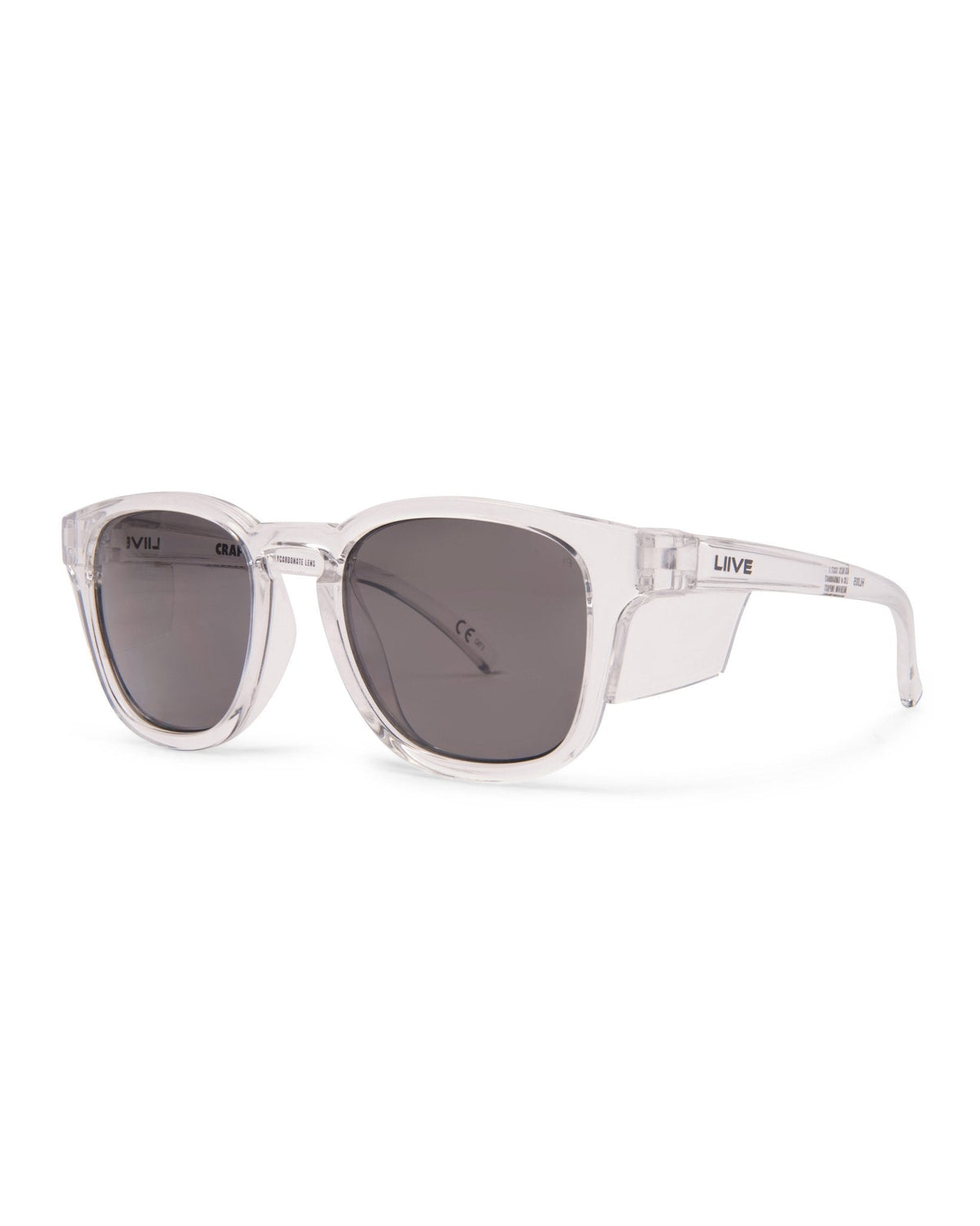 Liive Z Crafter safety glasses in crystal with smoke lens and clear blinkers