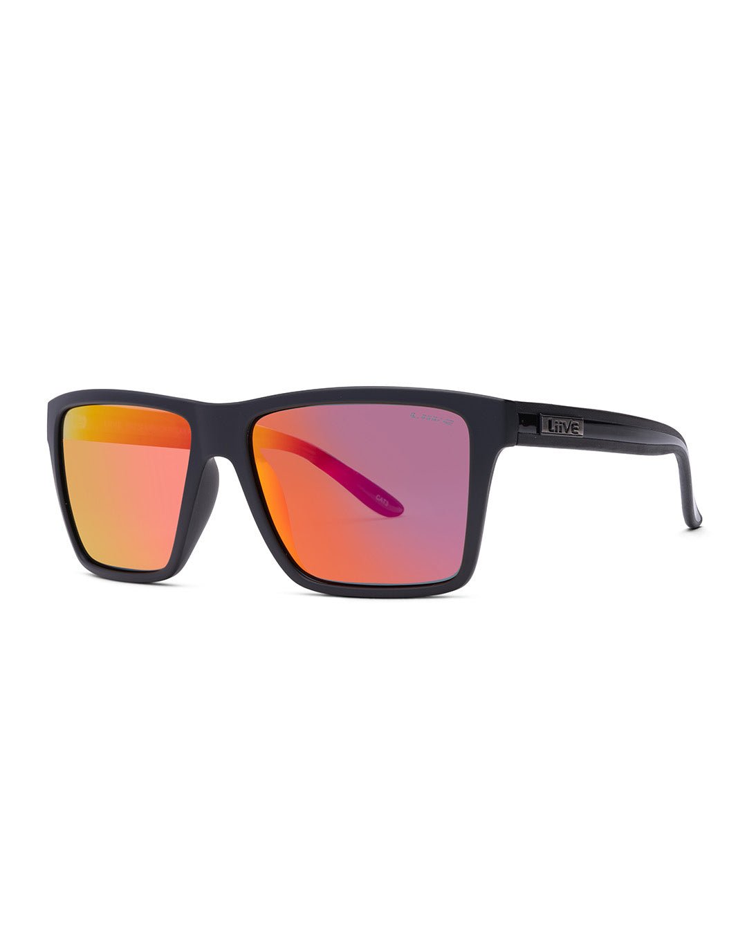 Liive Bazza sunglasses in twin blacks with red mirror lens