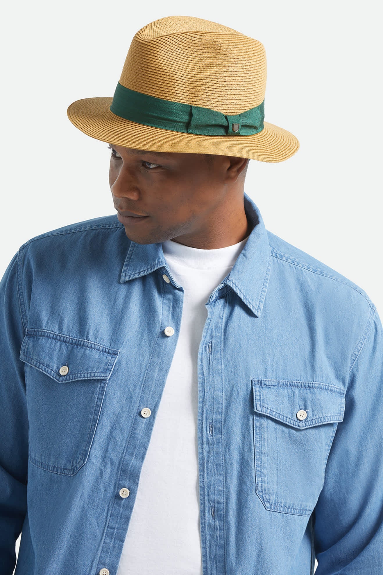 Brixton Roma Straw Packable Fedora - Dark Tan/Primal Green (view 2)